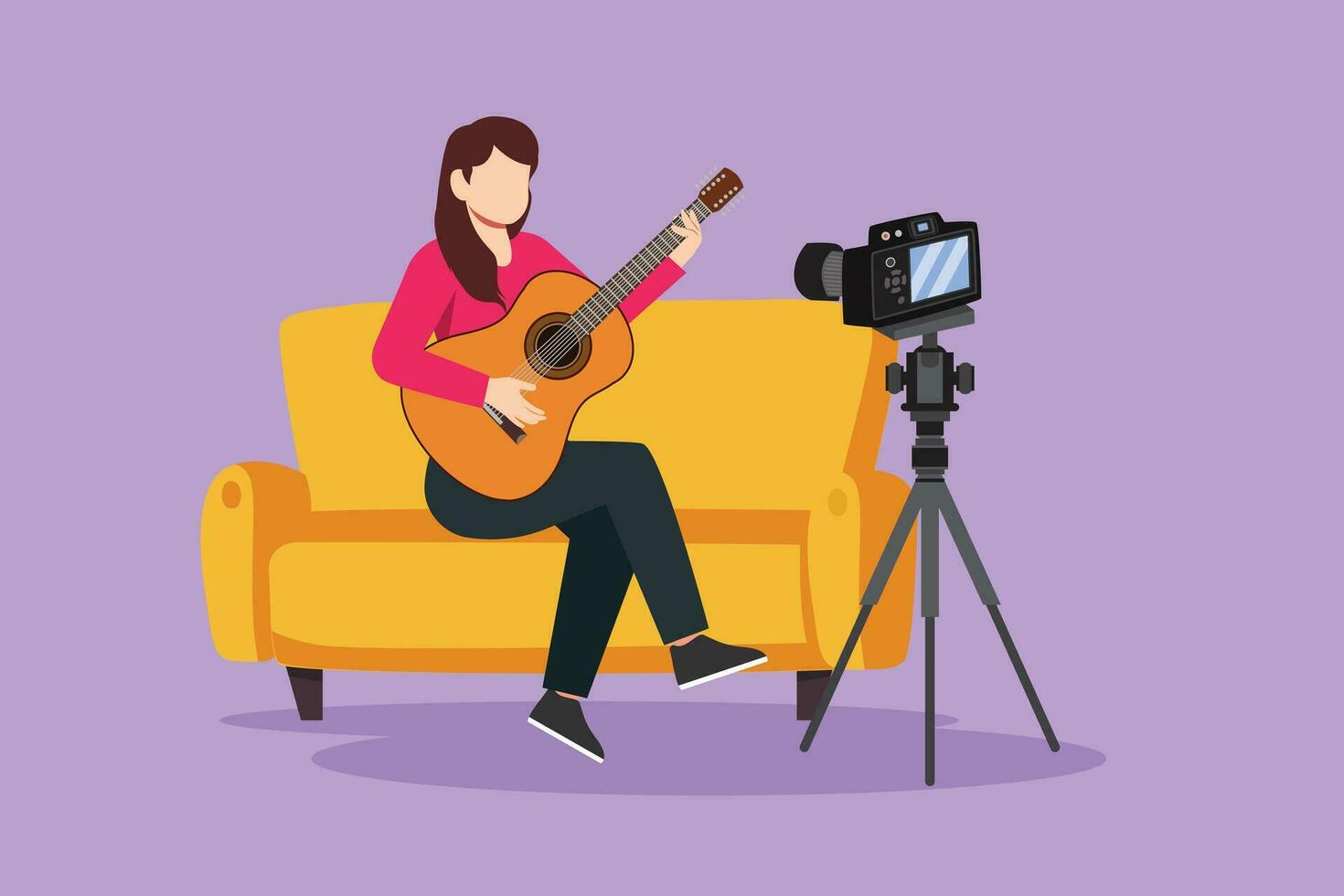 Cartoon flat style drawing of beautiful woman blogger recording and live steam playing guitar on social media. Concept of guitarist online lesson while stay at home. Graphic design vector illustration