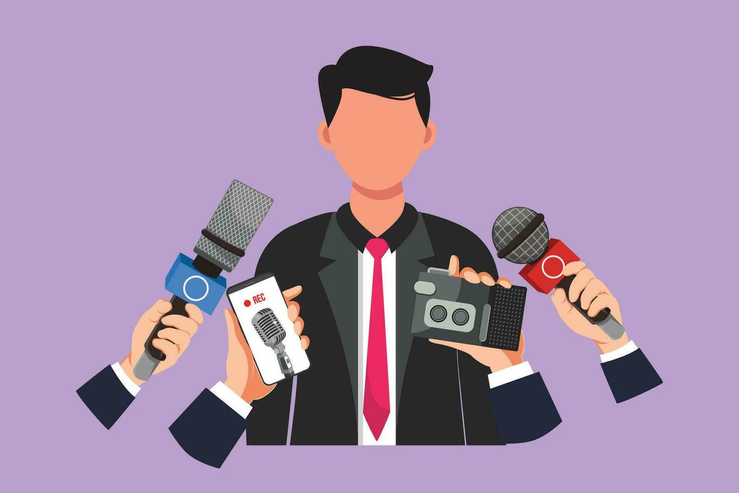 Cartoon flat style drawing of interview people. Man with microphones. Popular person, presenter, celebrity, political gives comment for breaking news, reportage, tv. Graphic design vector illustration