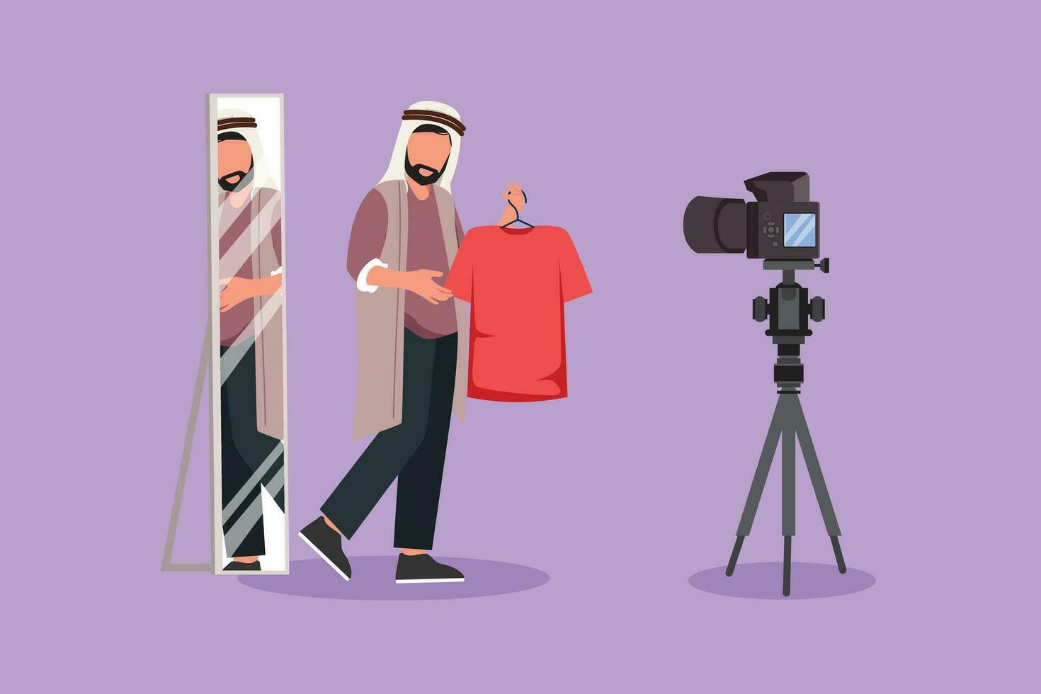 personaje plano dibujo árabe hombre blogger registros vídeo consejos para elegir ropa, muestra tendencias ropa modelos a suscriptores. márketing Campaña en social medios de comunicación. dibujos animados diseño vector ilustración