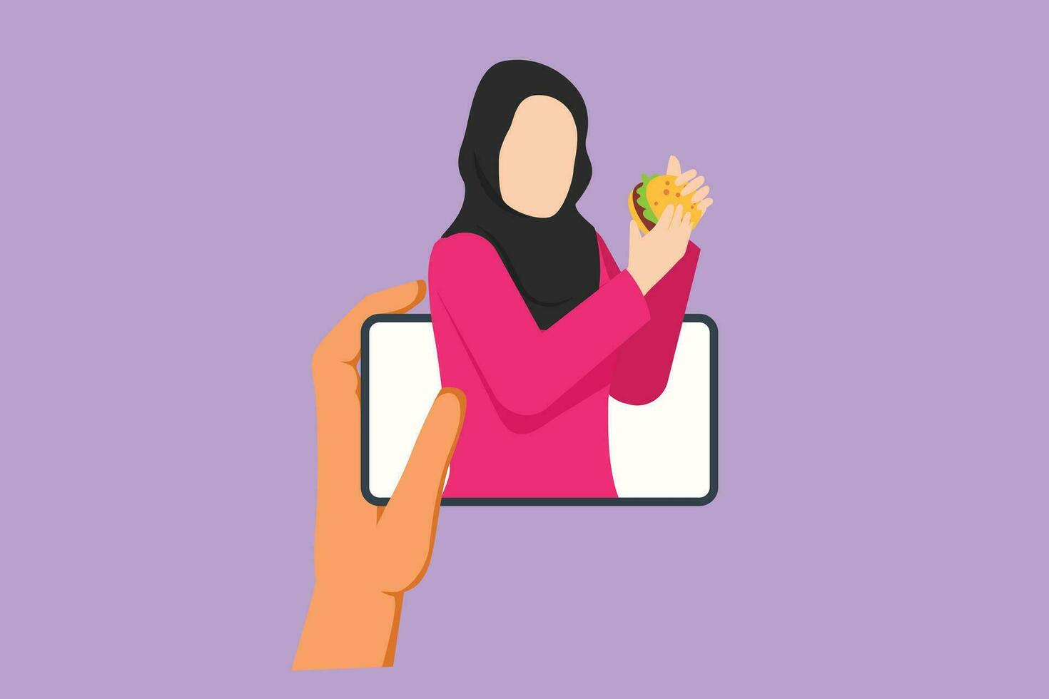 Cartoon flat style drawing beautiful Arab woman food blogger eating burger while creating new content video for her channel by using smartphone. Food review blogger. Graphic design vector illustration