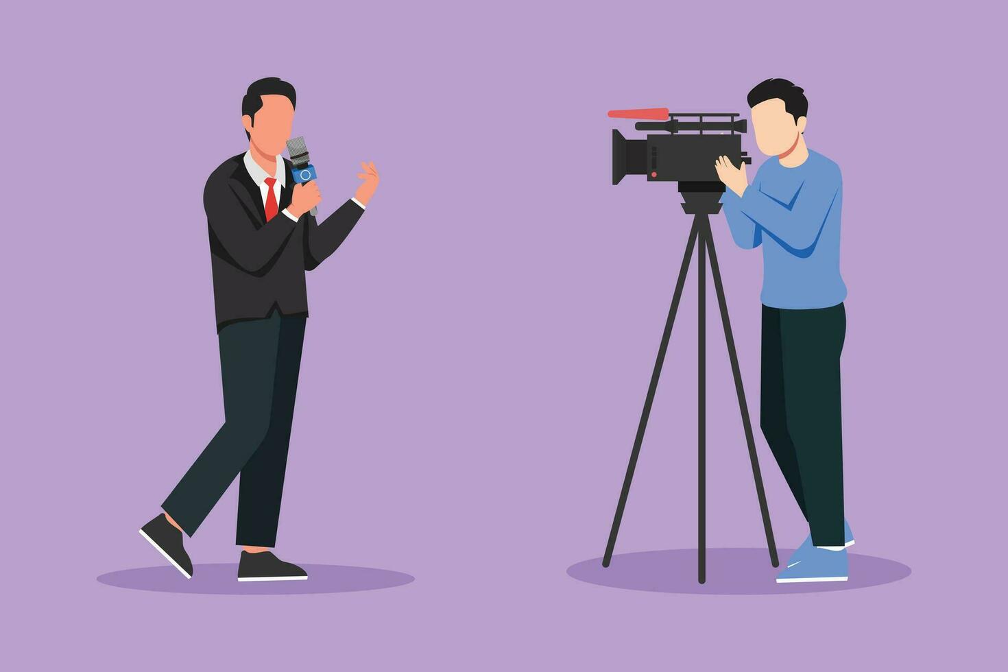 Graphic flat design drawing correspondent, reporter and operator. News reporter performing. Journalists on air. Video cameraman filming news reporter with microphone. Cartoon style vector illustration