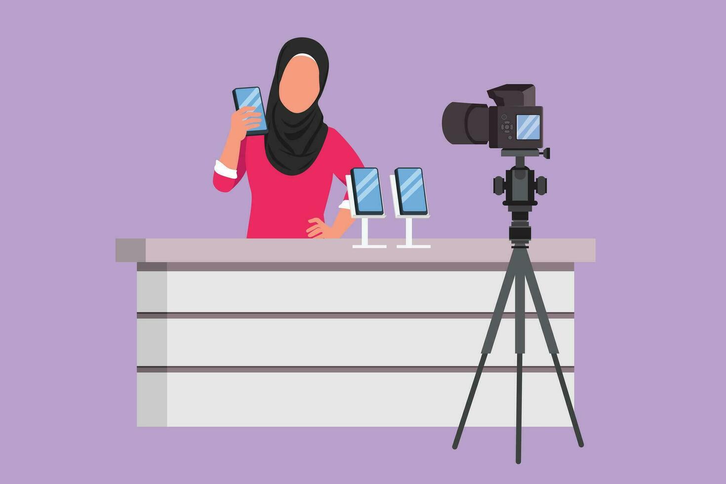 Character flat drawing young beauty Arab female influencer filming video review smartphone on dslr camera at home. Blogger advertising tech product, streaming live. Cartoon design vector illustration