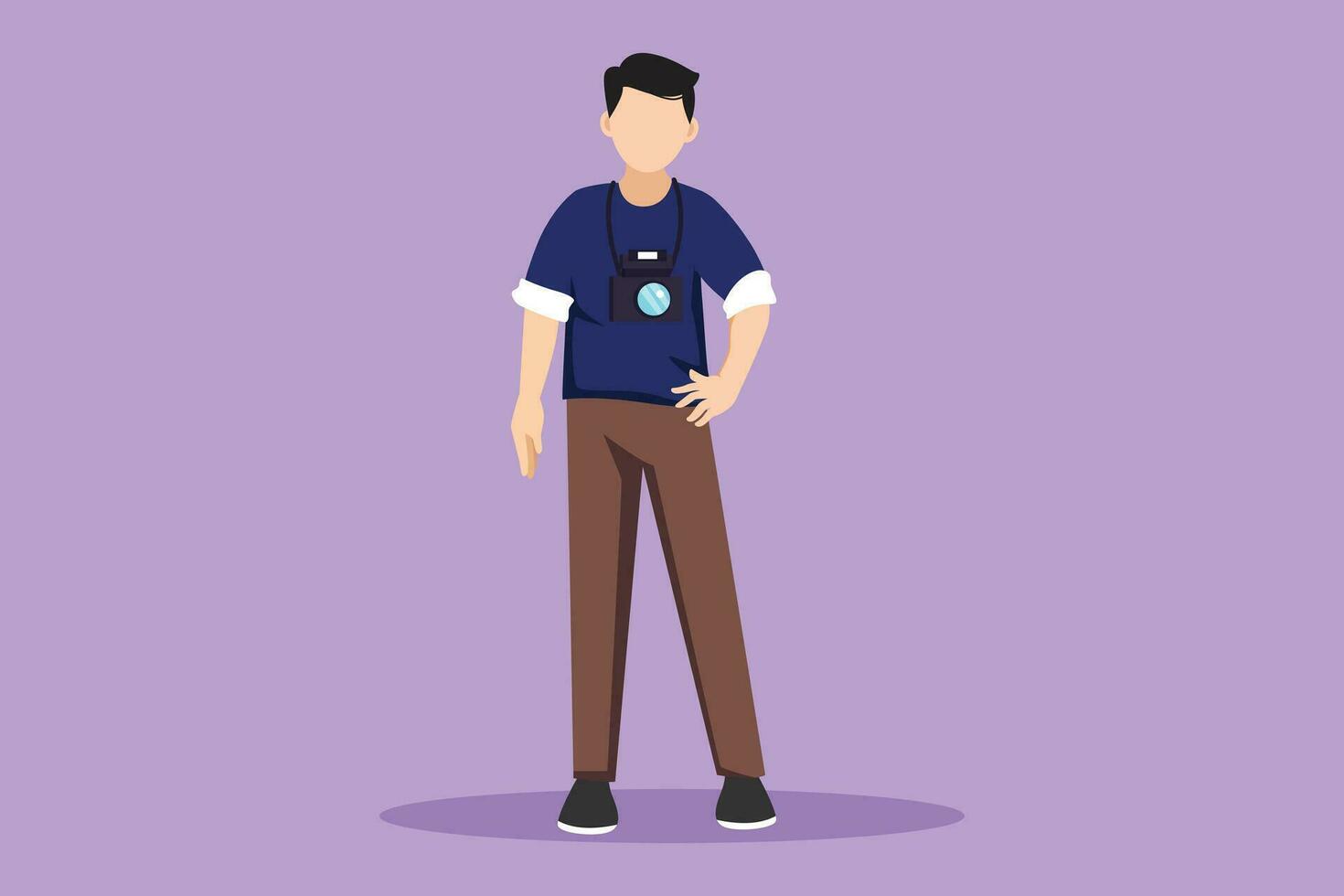 Graphic flat design drawing of male photographer standing and posing with camera digital photo. Pictures made by employees, photographs by cameraman. Man experts job. Cartoon style vector illustration