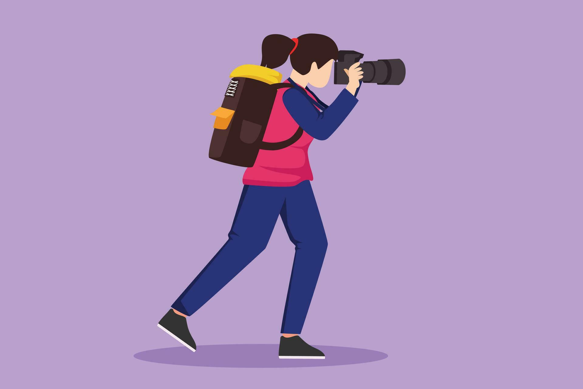 Cartoon flat style drawing beautiful woman journalist or reporter with