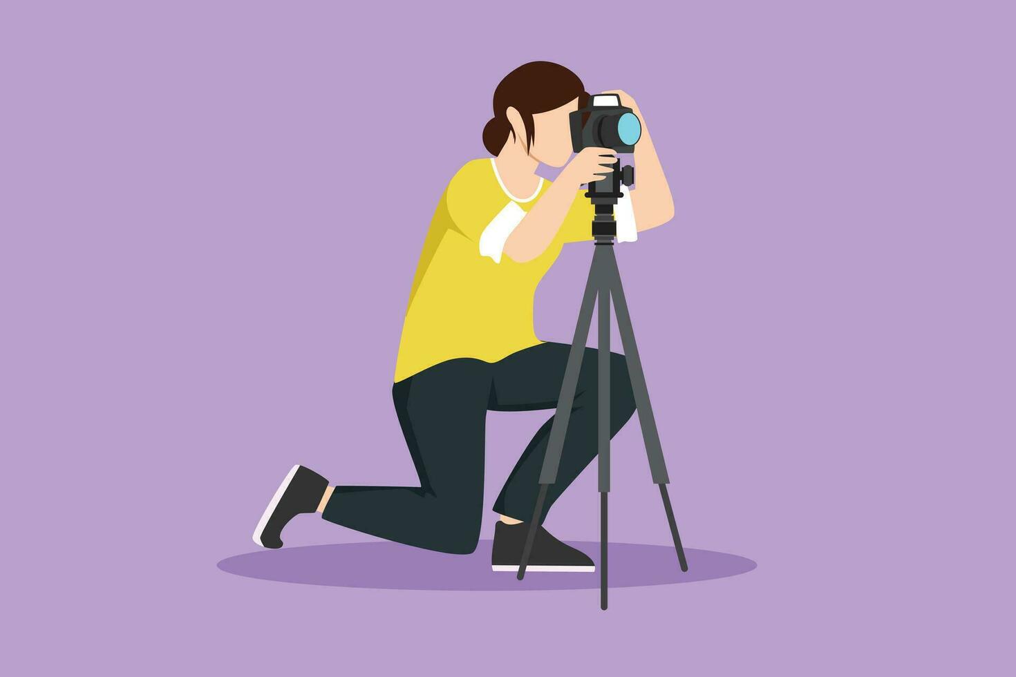 Cartoon flat style drawing beautiful professional woman photographer kneeling for taking pictures with digital camera and tripod. Digital photography hobby for girl. Graphic design vector illustration