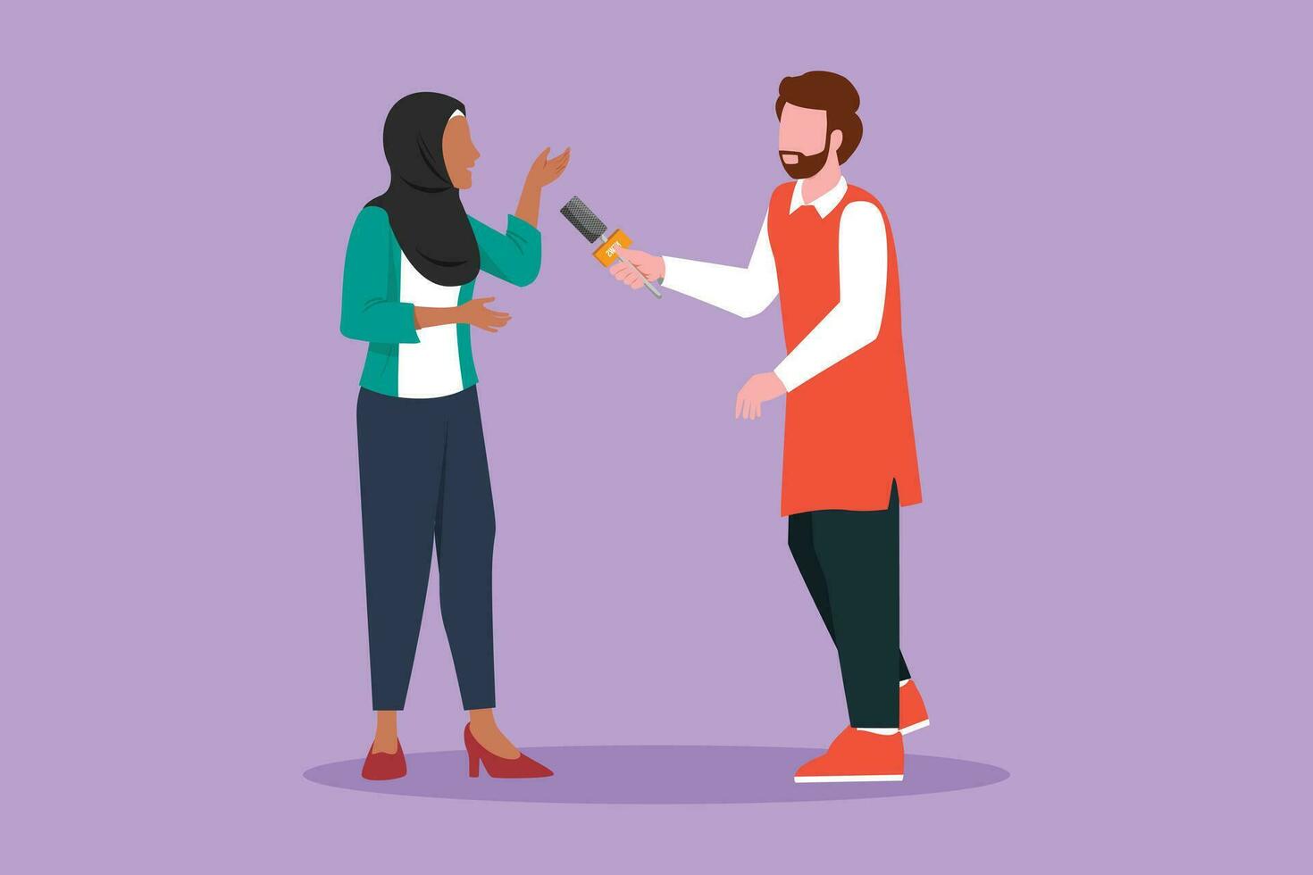 Character flat drawing Arabian male tv reporter interviewing questions. Man holding interview with success business woman, professional journalist in conversation. Cartoon design vector illustration