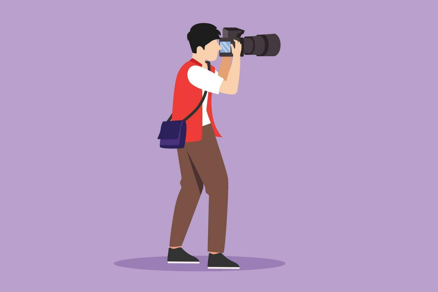 Cartoon flat style drawing side view of man photographer holding photo camera and photographing. Creative profession or occupation logo. Happy male take photo shot. Graphic design vector illustration