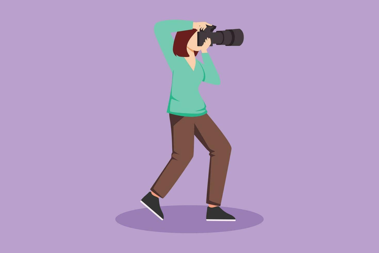 Character flat drawing of beautiful woman photographer aiming target photos, People holding camera, taking photos. Professional female photographer taking pictures. Cartoon design vector illustration