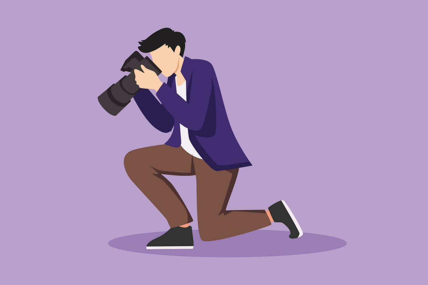 Cartoon flat style drawing male photographer kneeling and taking pictures. Photo equipment for journalist. Camera digital with high resolution. Studio photography. Graphic design vector illustration