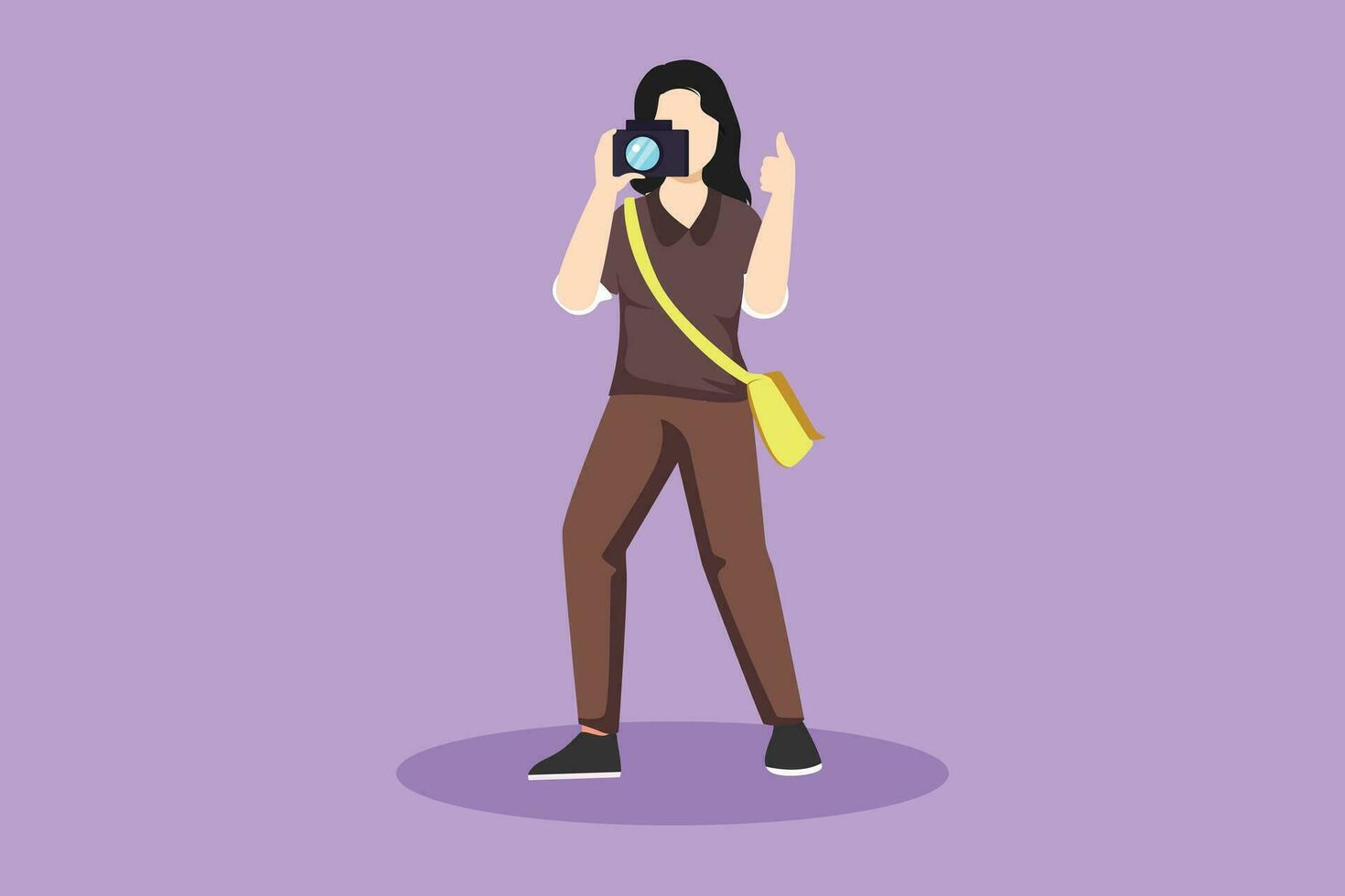 Graphic flat design drawing beautiful woman photographer standing with thumbs up gesture, holding photo camera and photographing. Creative profession or occupation. Cartoon style vector illustration