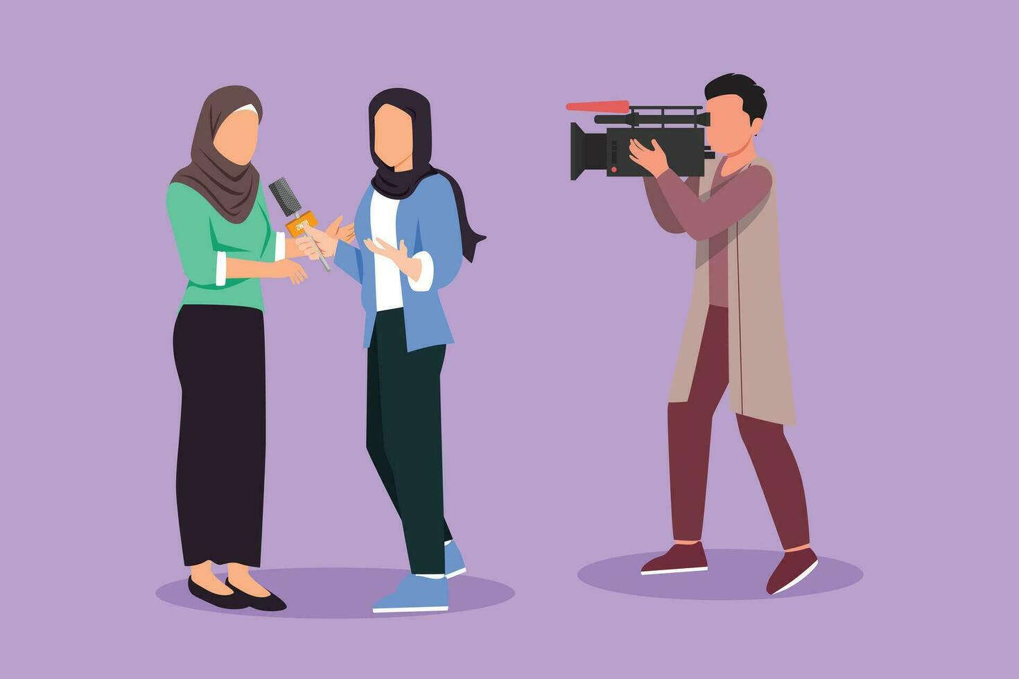 Cartoon flat style drawing Arab woman journalist with microphone, interview Arabian girl at tv studio. Reporter and cameraman broadcast breaking news at live stream. Graphic design vector illustration