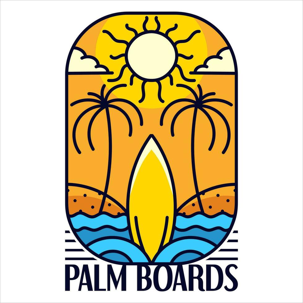 Palm boards tropical adventure badge for t-shirt designs clothing and logo brand, Summer tropical Beach nature logo sign illustration vector