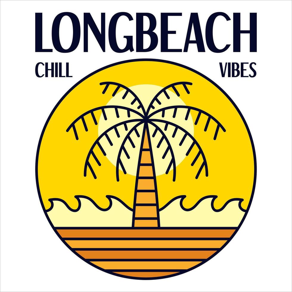 Long beach chill vibes adventure badge for t-shirt designs clothing and logo brand, Summer tropical Beach nature logo sign illustration vector