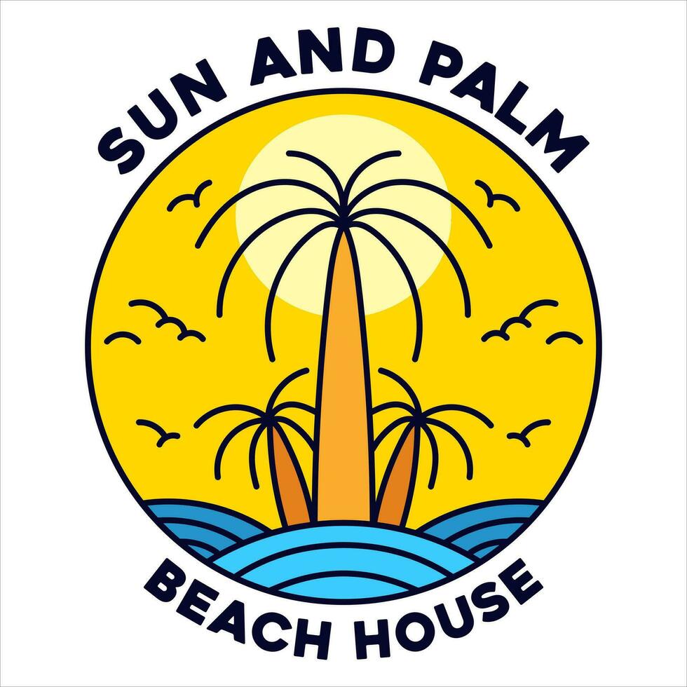 Dom y palma aventuras Insignia para camiseta diseños ropa y logo marca, verano tropical playa naturaleza logo firmar ilustración vector