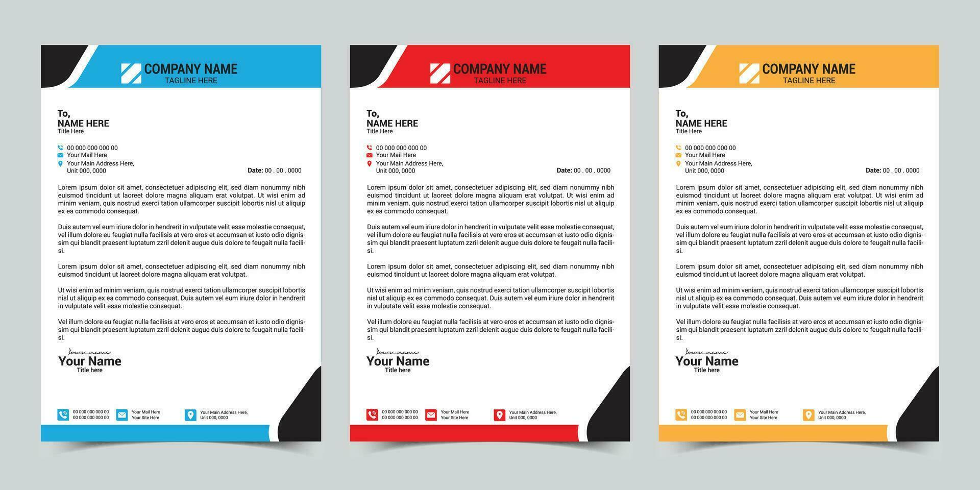 Corporate business letterhead design template with 3 color variation bundle. Print-ready vector design