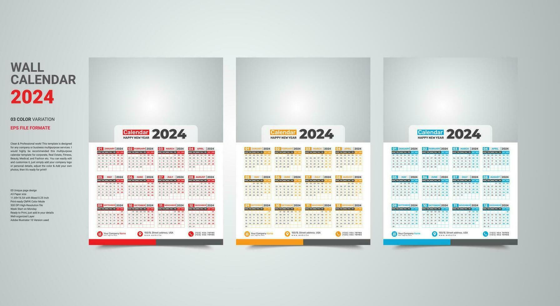 2024 pared calendario uno página calendario soltero página calendario 2024 vector