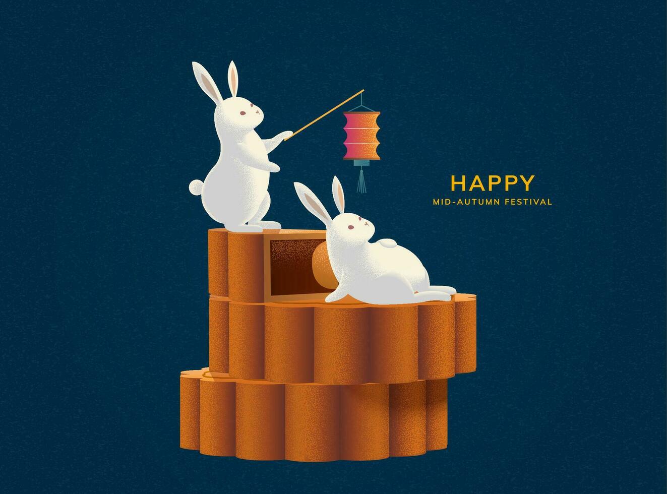 Happy Mid-autumn festival with cute rabbits on mooncake vector