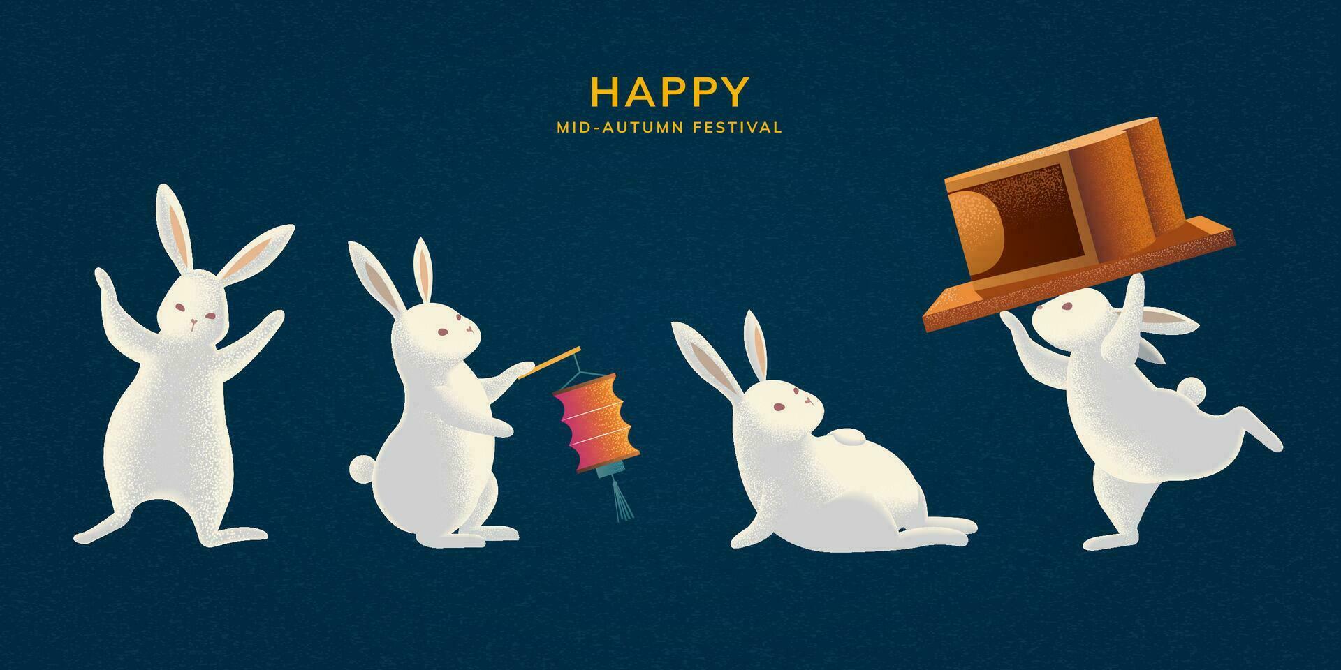 Happy Mid-autumn festival with cute rabbits carrying mooncake and holding lantern vector