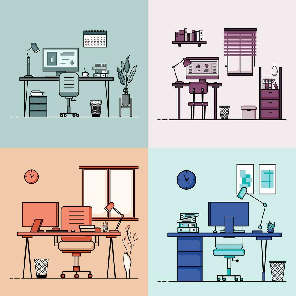 colección de trabajando mesa plano diseño, concepto de trabajando escritorio interior con mueble. trabajo habitación y computadora, escritorio, mesa, silla, libro, y estacionario equipo. trabajo mesa dibujos animados ilustración vector