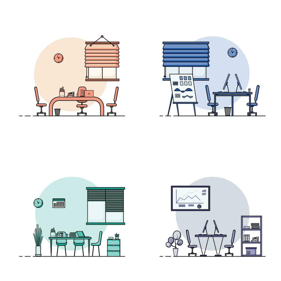 Collection of working table flat design, Concept of working desk interior with furniture. Work room and computer, desktop, table, chair, book, and stationary equipment. Work table cartoon illustration vector