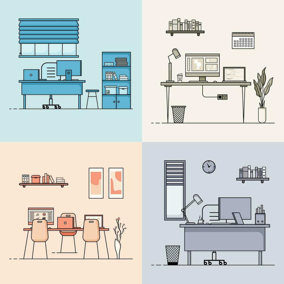 Collection of working table flat design, Concept of working desk interior with furniture. Work room and computer, desktop, table, chair, book, and stationary equipment. Work table cartoon illustration vector