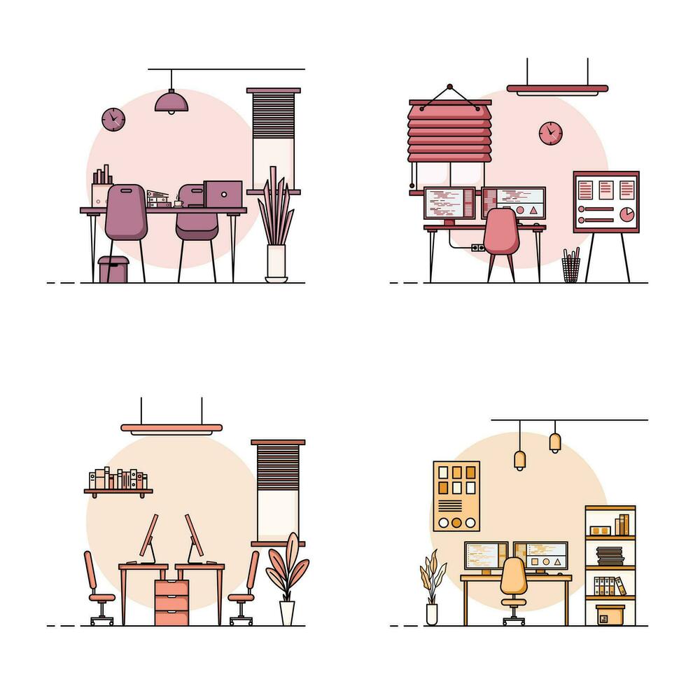 colección de trabajando mesa plano diseño, concepto de trabajando escritorio interior con mueble. trabajo habitación y computadora, escritorio, mesa, silla, libro, y estacionario equipo. trabajo mesa dibujos animados ilustración vector