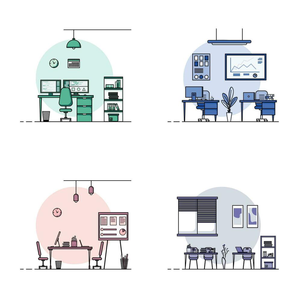Collection of working table flat design, Concept of working desk interior with furniture. Work room and computer, desktop, table, chair, book, and stationary equipment. Work table cartoon illustration vector