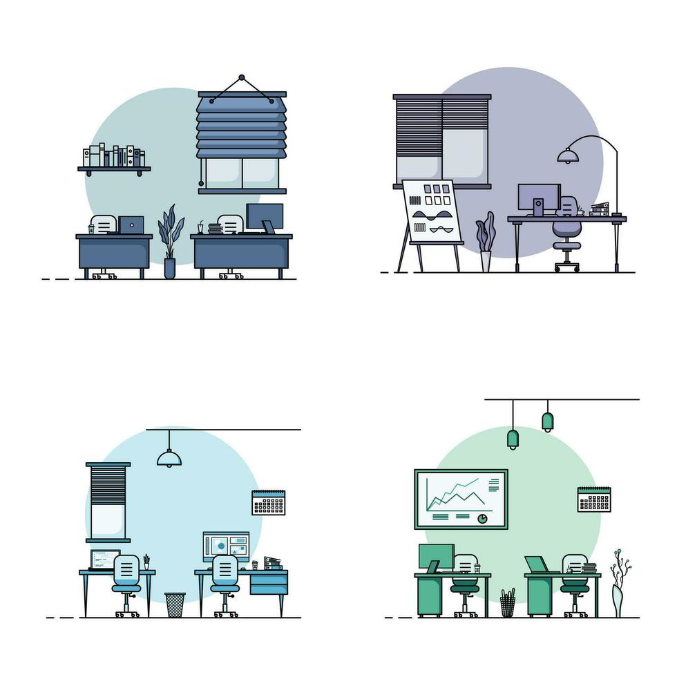 Collection of working table flat design, Concept of working desk interior with furniture. Work room and computer, desktop, table, chair, book, and stationary equipment. Work table cartoon illustration vector