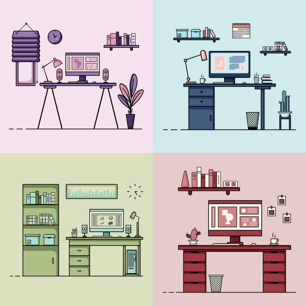 Collection of working table flat design, Concept of working desk interior with furniture. Work room and computer, desktop, table, chair, book, and stationary equipment. Work table cartoon illustration vector