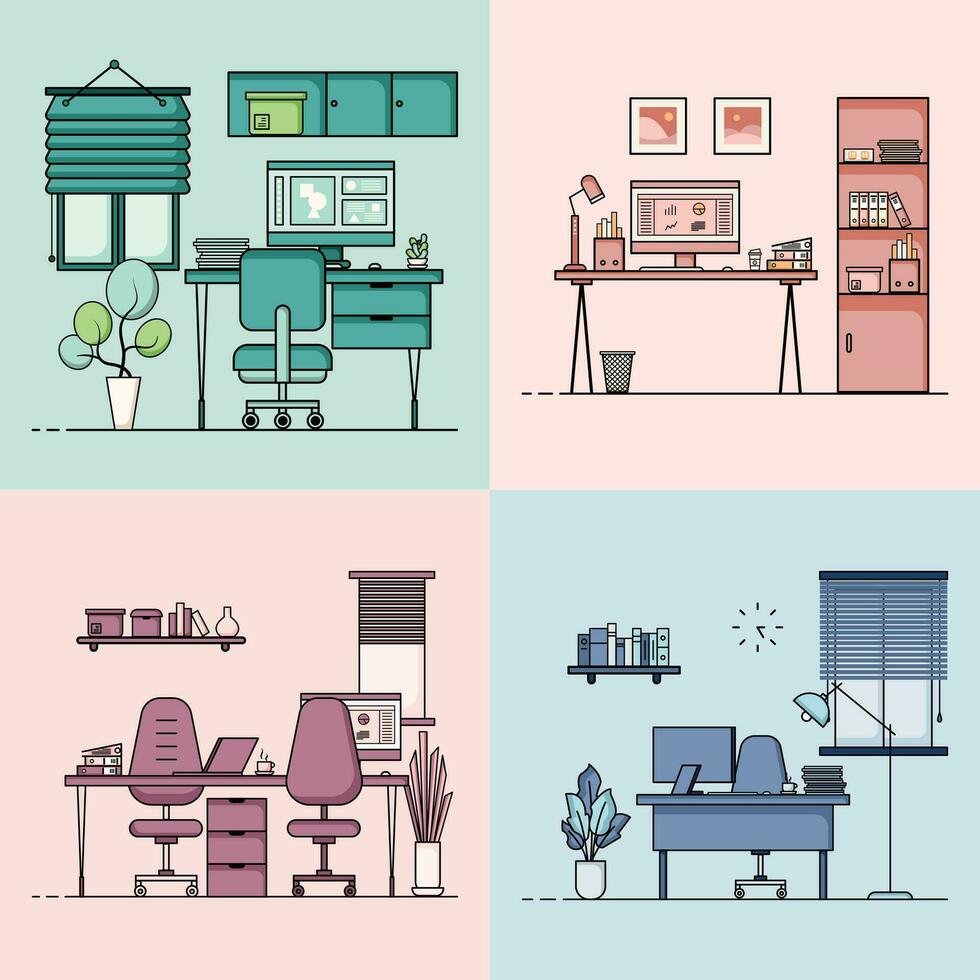 Collection of working table flat design, Concept of working desk interior with furniture. Work room and computer, desktop, table, chair, book, and stationary equipment. Work table cartoon illustration vector