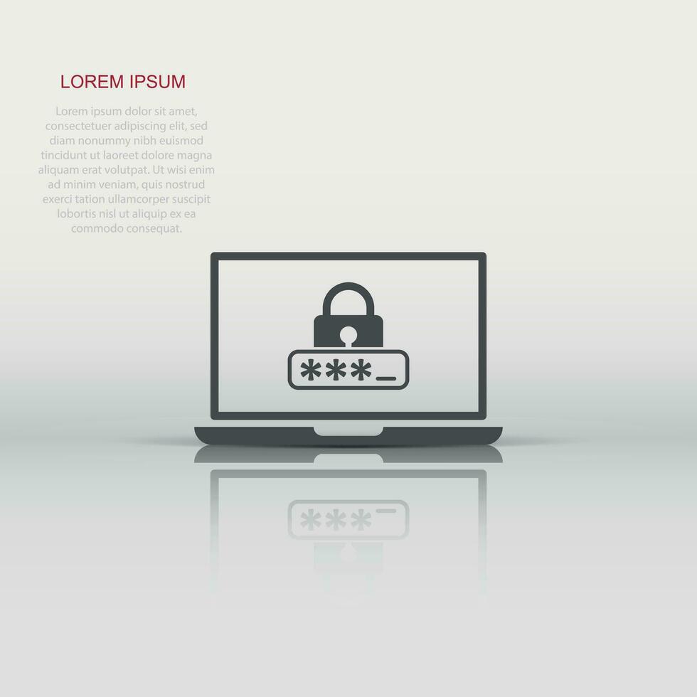 Laptop with password icon in flat style. Computer access vector illustration on white isolated background. Padlock entry business concept.