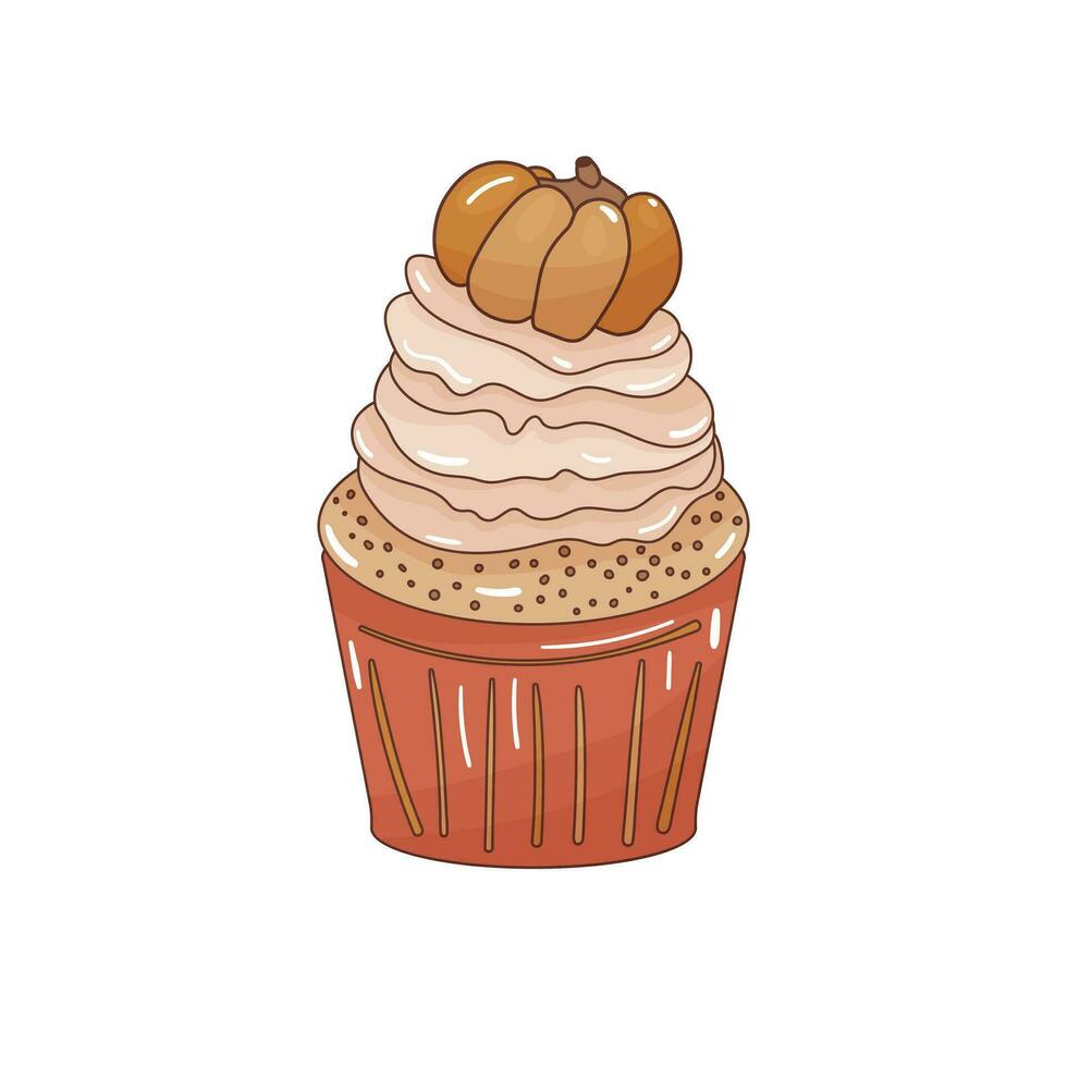 Hand drawn colorful cartoon illustration of a cute pumpkin spice cupcake with cream. Cozy muffin decorated with cute pumpkin on top. Isolated on white background. vector