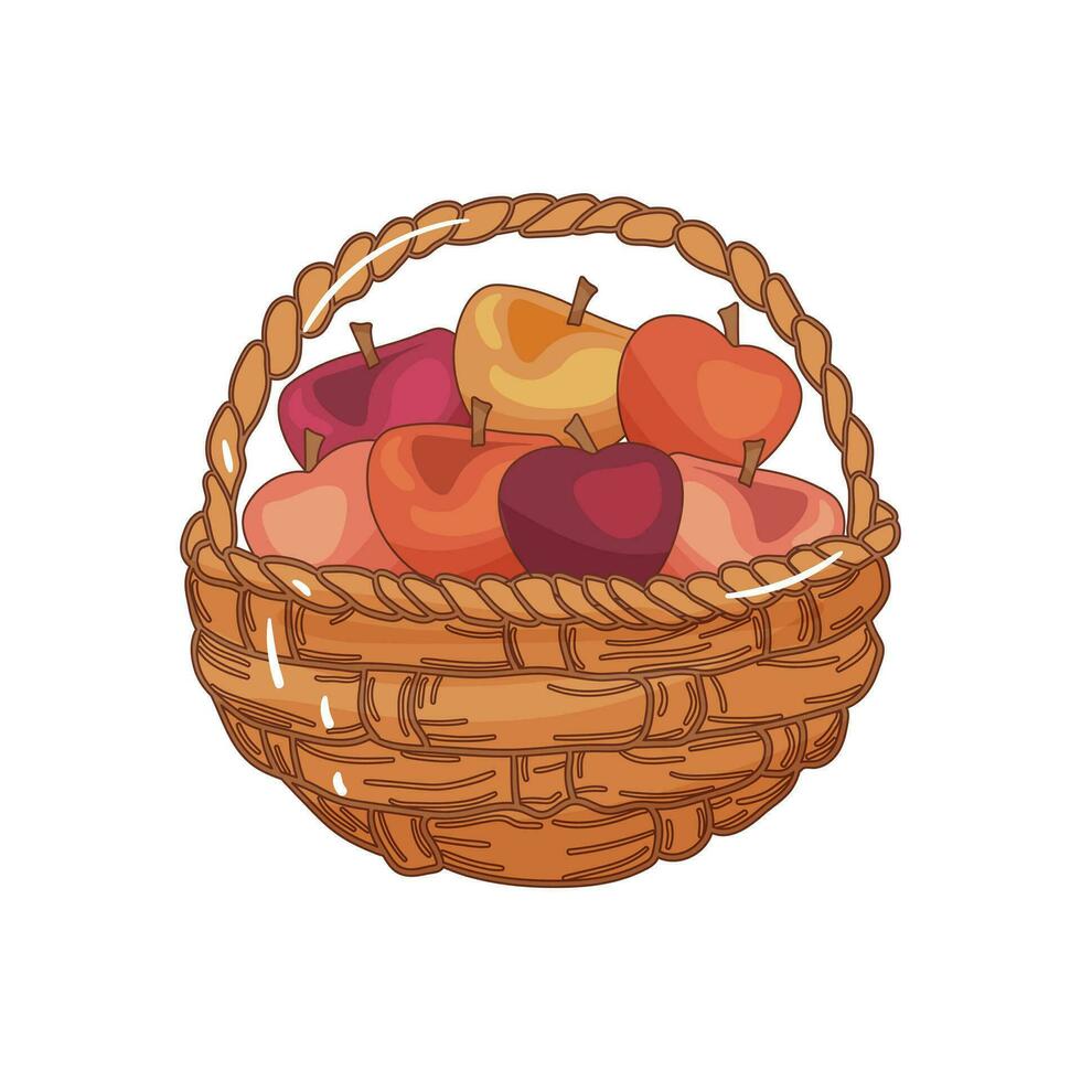 mano dibujado vistoso dibujos animados ilustración de un otoño mimbre cesta con manzanas tejido picnic cesta lleno de maduro frutas cosecha símbolo.aislado en blanco antecedentes. vector