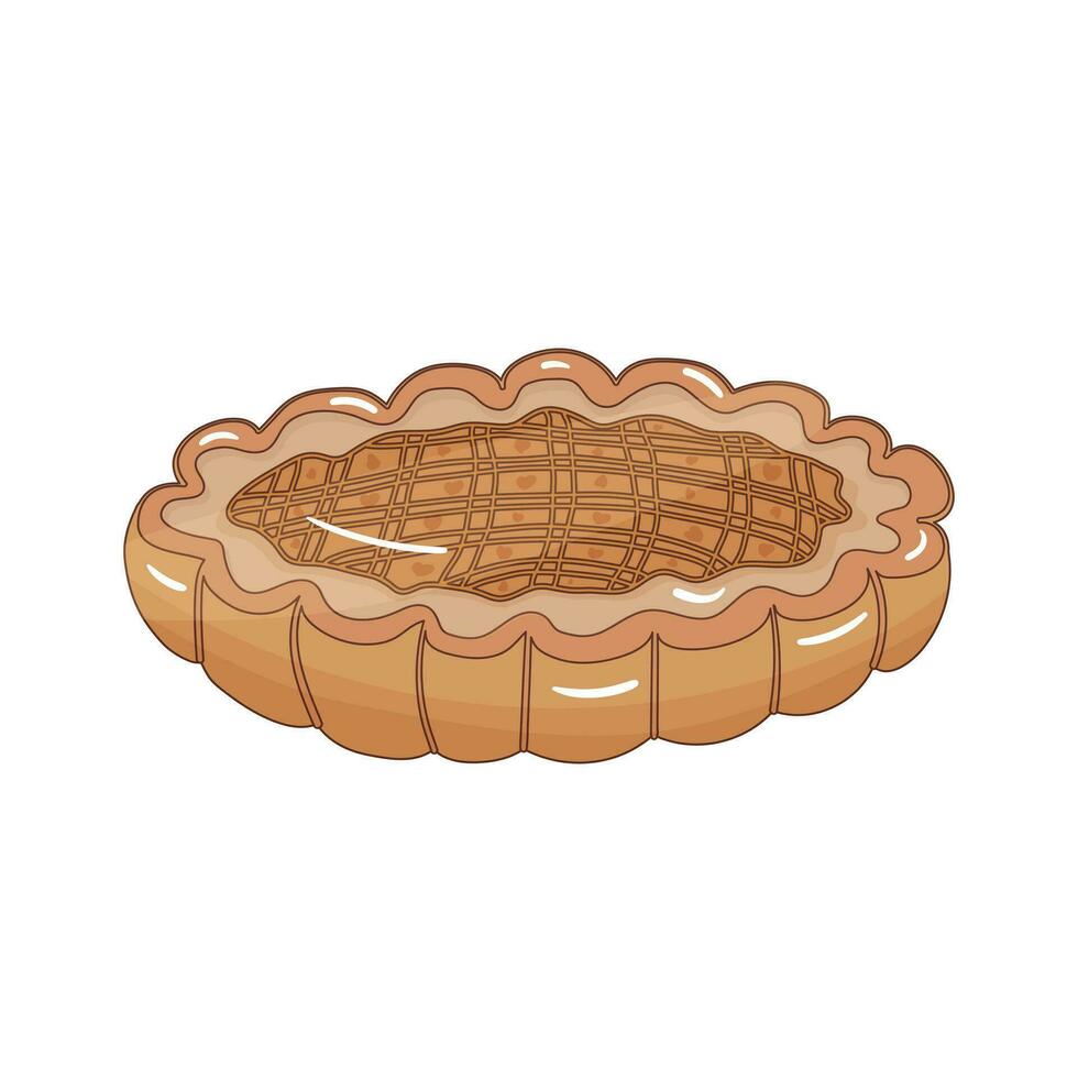 mano dibujado vistoso dibujos animados ilustración de un otoño dulce hecho en casa tarta con un brillante relleno con un Pastelería enrejado, acogedor calabaza o manzana dulce tarta. aislado en blanco antecedentes. vector