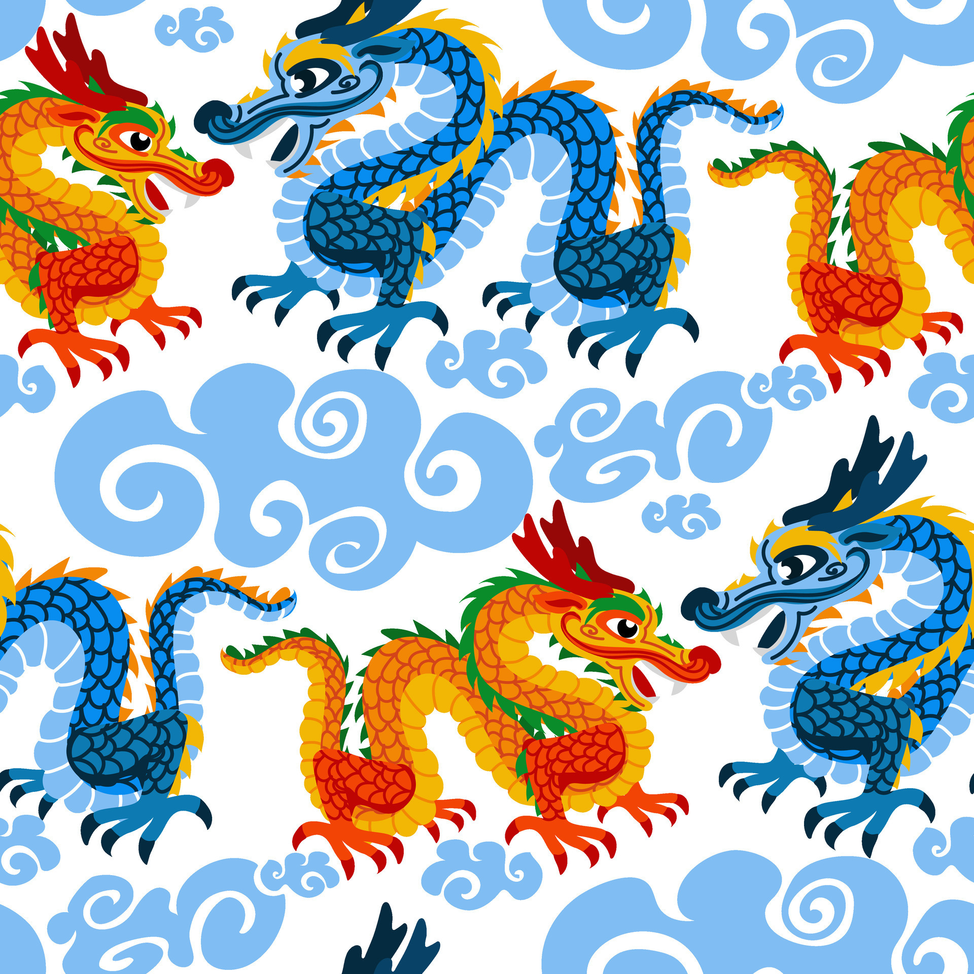 Vector seamless pattern with Chinese dragon and clouds orange and blue