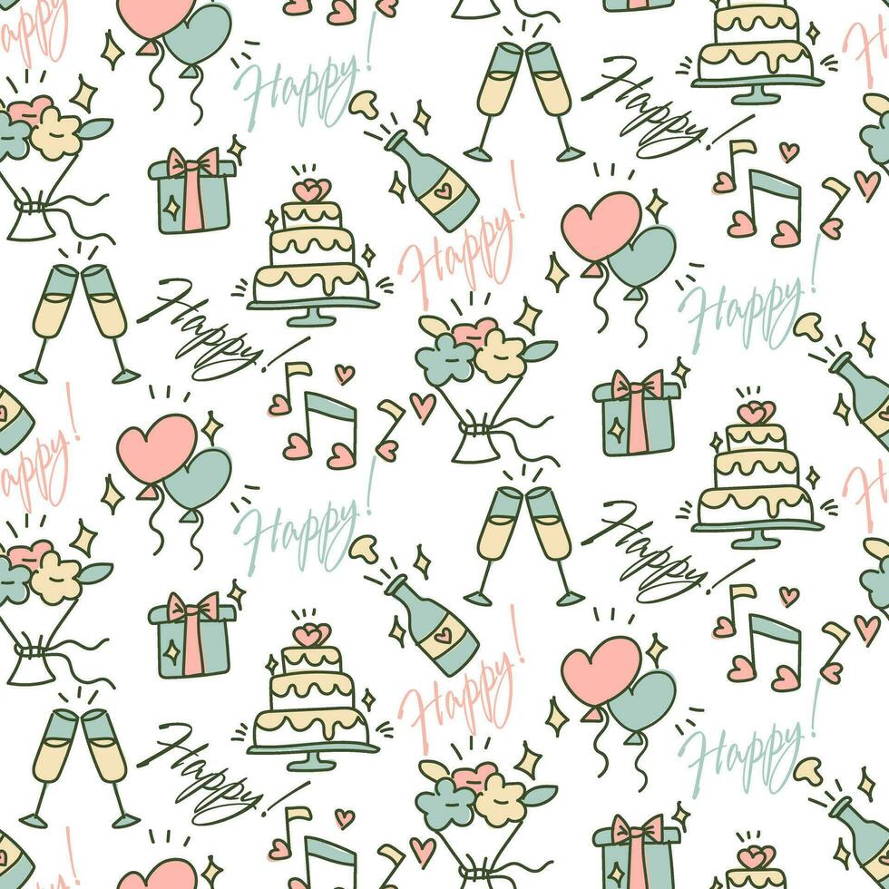 Wedding background. Seamless pattern with wedding elements to determine the arrival time of guests. Handmade cartoon wedding symbols, happiness on a white. Contour icons with fill. Packaging vector