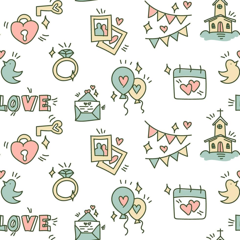 Wedding background. Seamless pattern with wedding elements to determine the arrival time of guests. Handmade cartoon wedding symbols, decor of love on a white. Contour icons with fill. Packaging vector