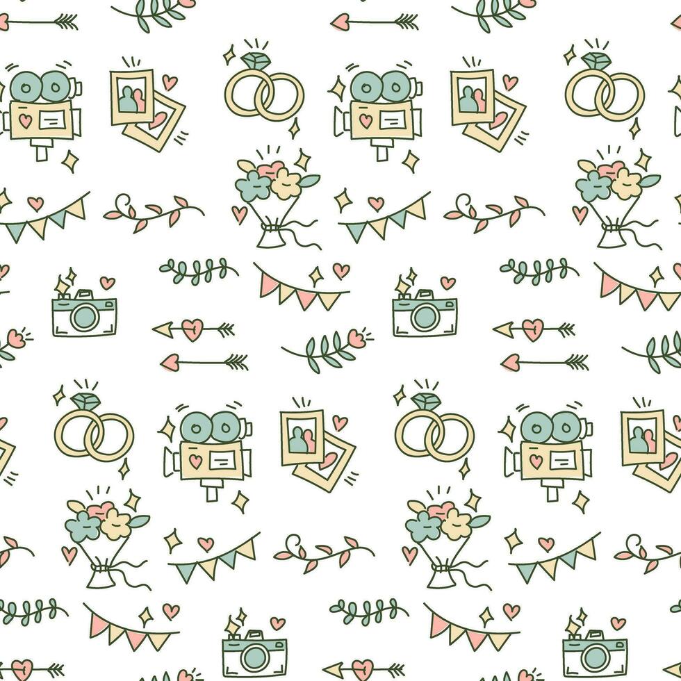 Wedding background. Seamless pattern with wedding elements to determine the arrival time of guests. Handmade cartoon wedding symbols, decor of love on a white. Contour icons with fill. Packaging vector