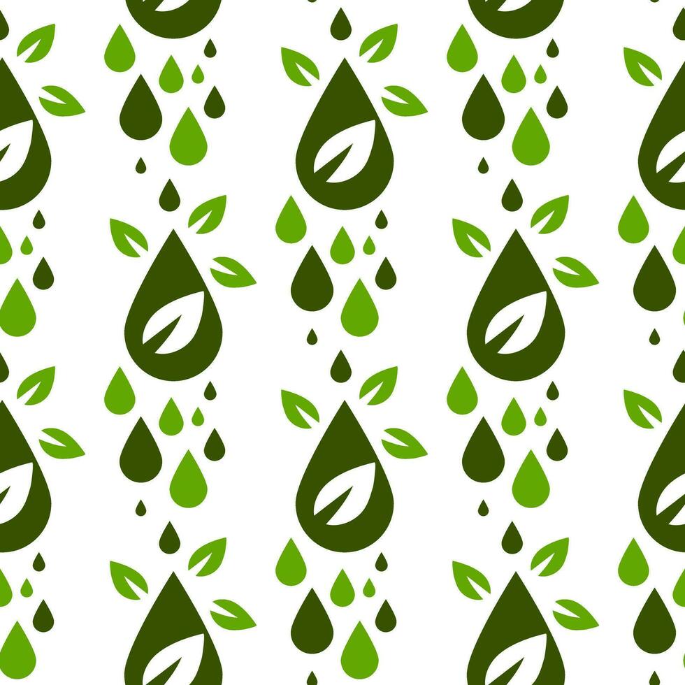 Seamless pattern on the theme of biodiesel, fuel in green colors. A large drop with leaves on white. Flat vector illustration. The pattern of the eco-fuel symbol. Printing textiles, paper
