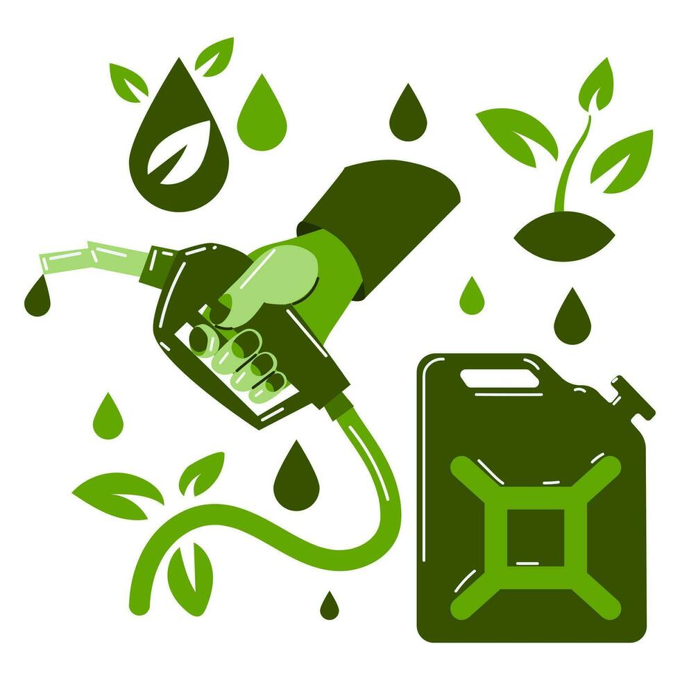 A set of green icons in the biofuel theme. A hand with a dispenser gun, a canister, plants, leaves, a drop. Template for a background, banner, postcard, sticker the environmental theme of fuel vector