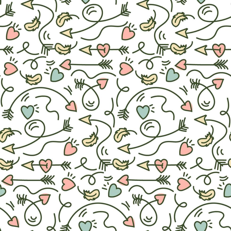 Seamless pattern with a one-line pattern of love arrows. Lots of cupid's hearts and arrows. Pastel color palette. Vector decoration for wedding and Valentine's day. Printing on textiles, paper