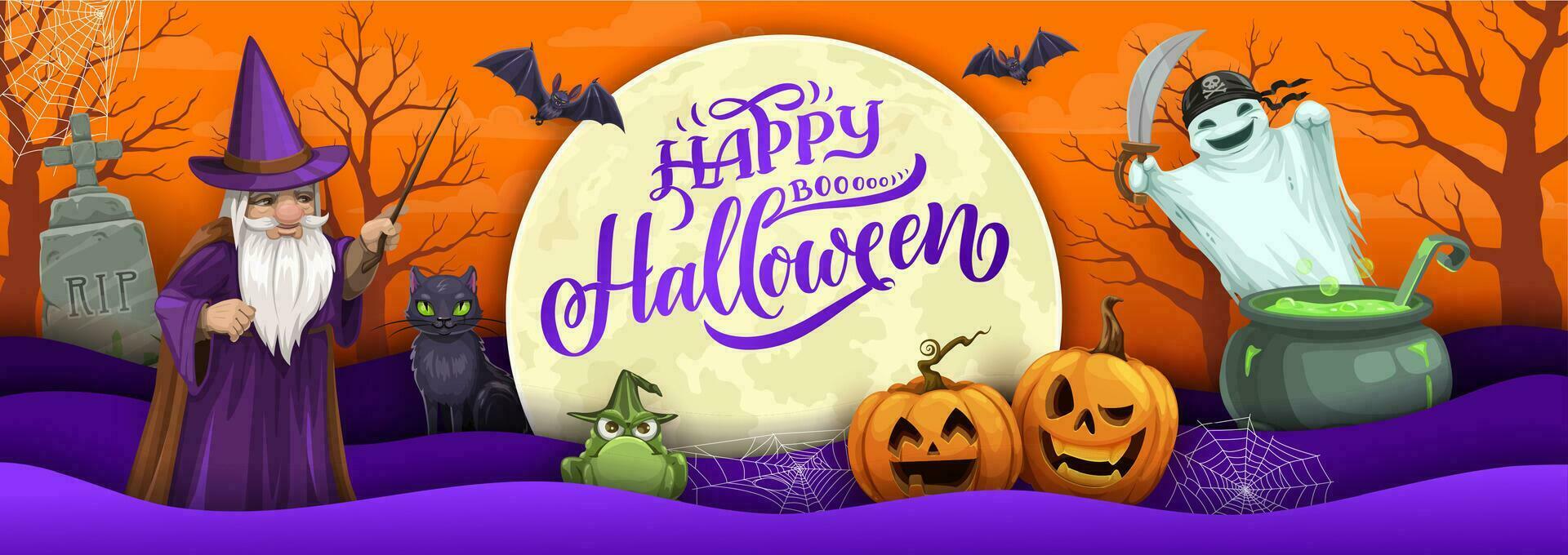 Halloween paper cut banner with cartoon wizard vector