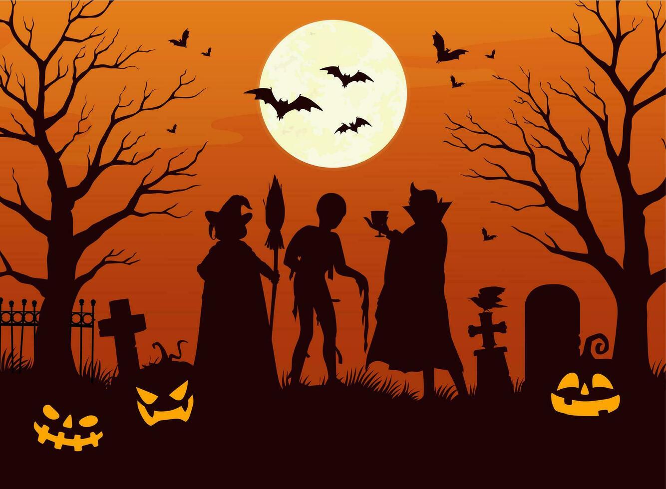Halloween character silhouettes on horror cemetery vector