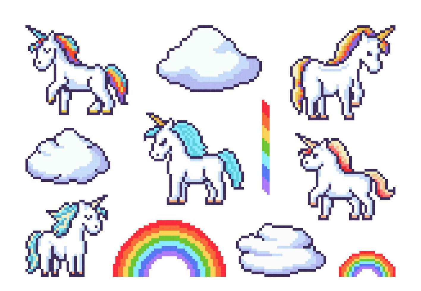 Fantasy pixel unicorns and rainbow, game stickers vector