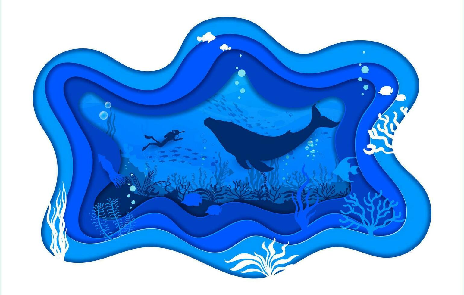 Underwater sea paper cut landscape diver and whale vector