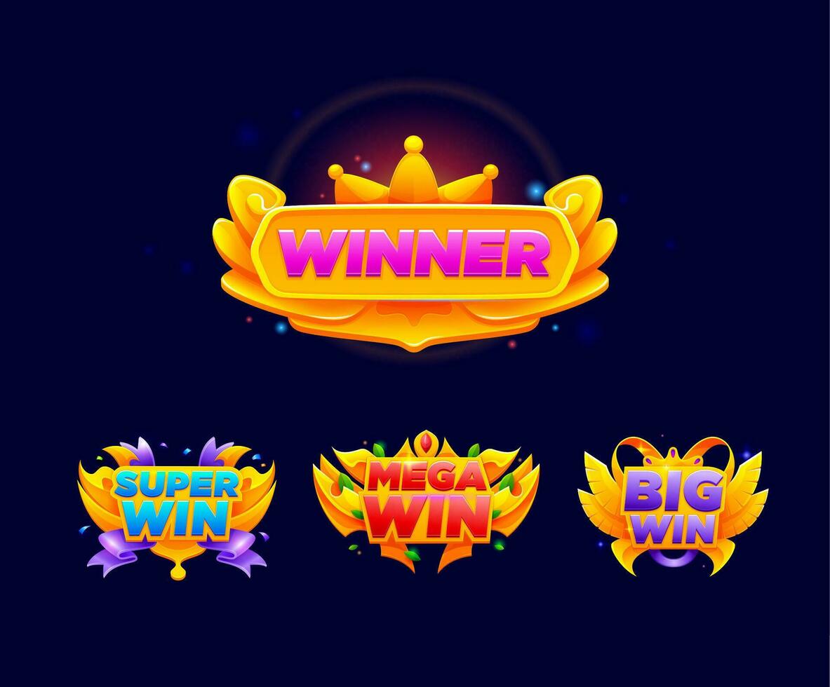 Game win popup banner and victory sign badges vector