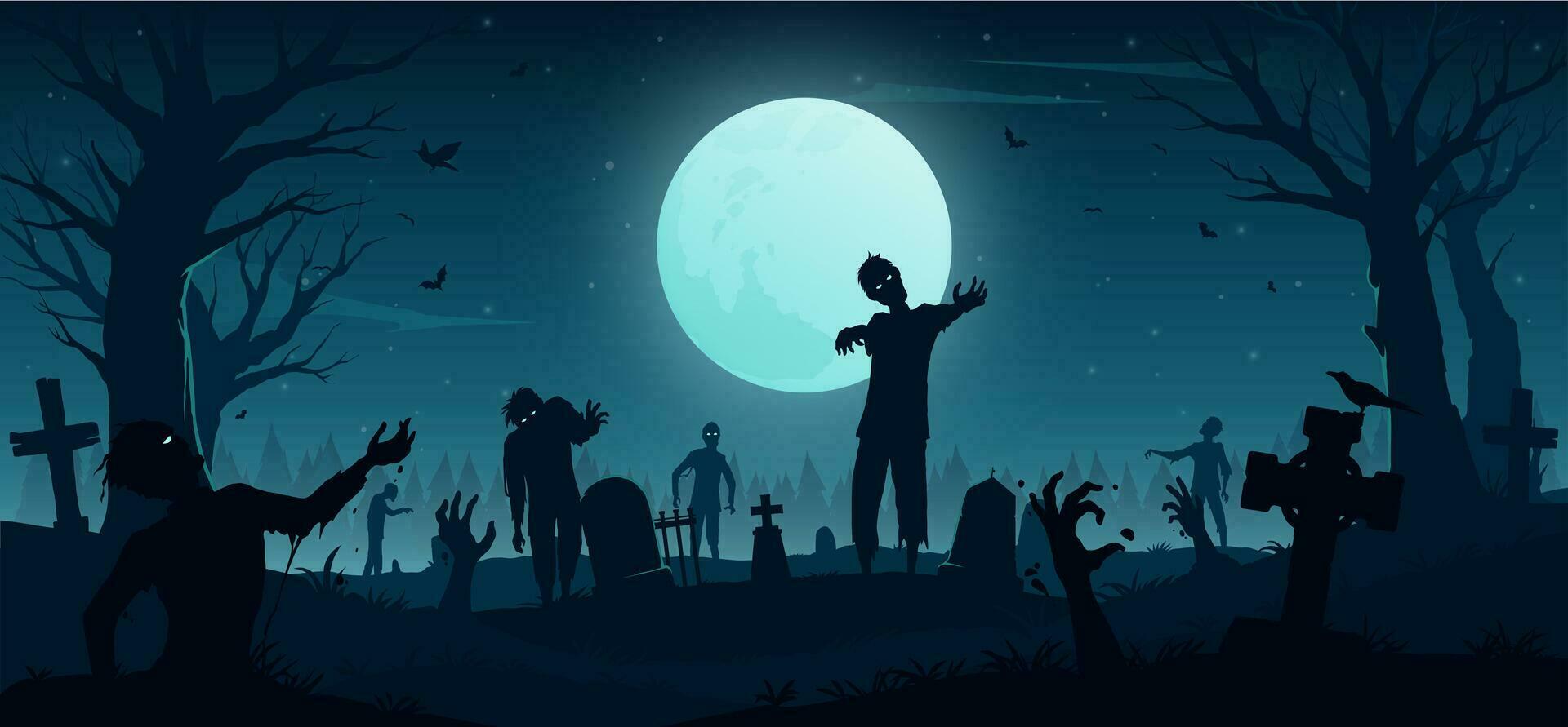 Halloween zombie horror graveyard, dead monsters vector