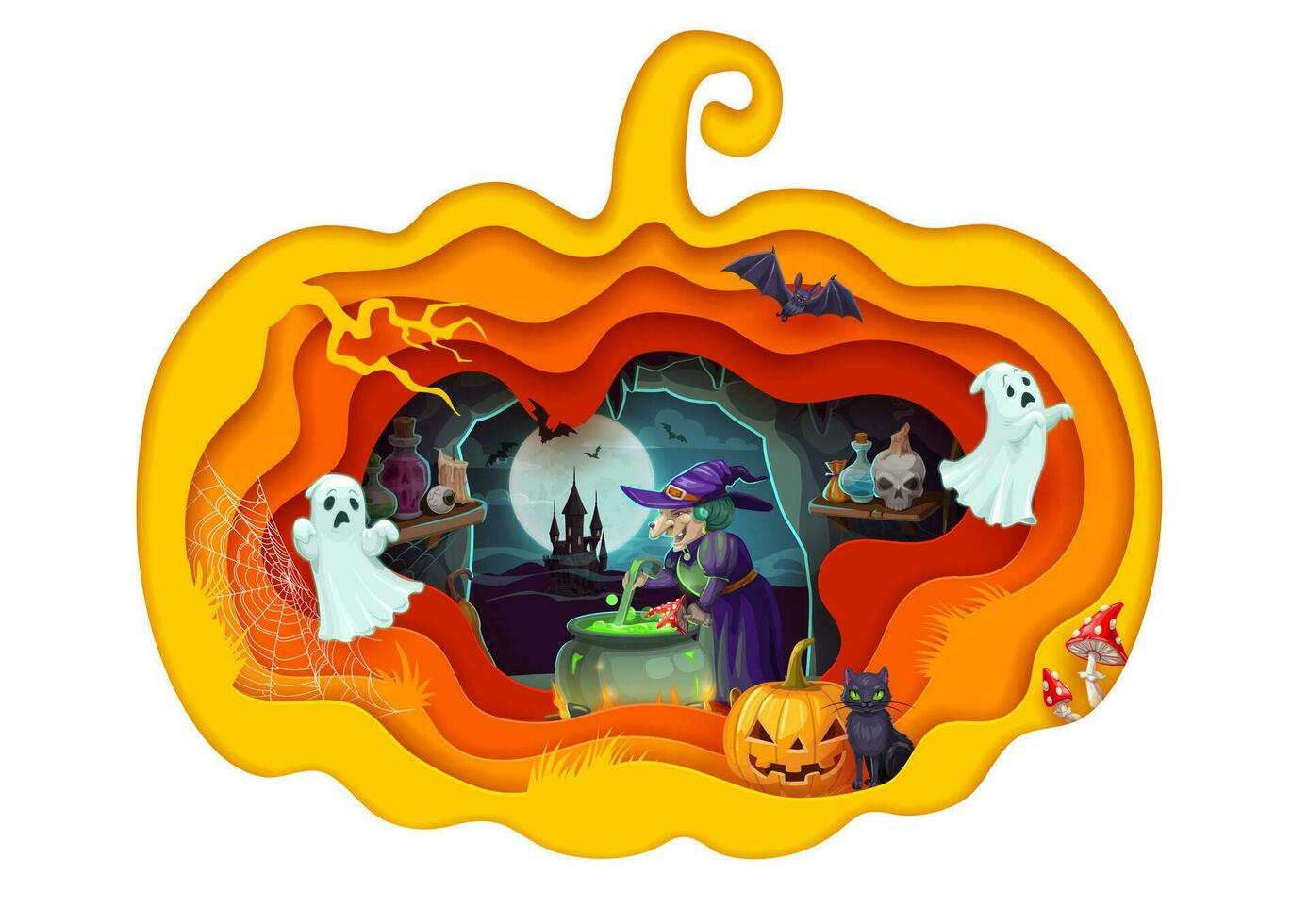 Halloween paper cut cartoon witch and magic potion vector
