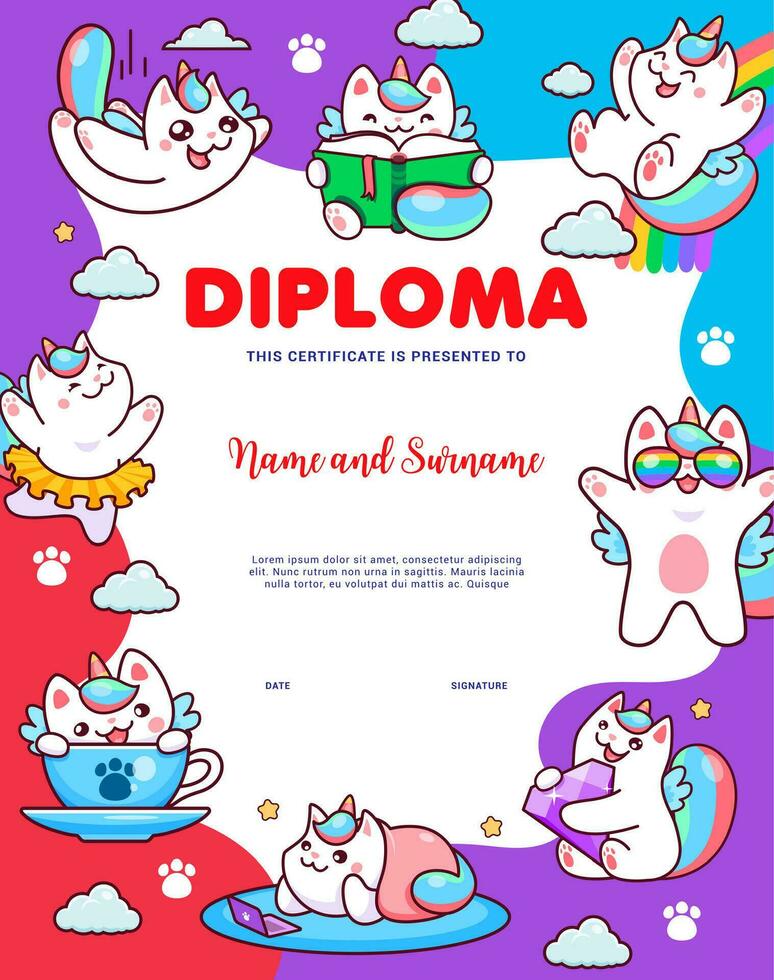 niños diploma, linda dibujos animados caticorn gatos, gatitos vector