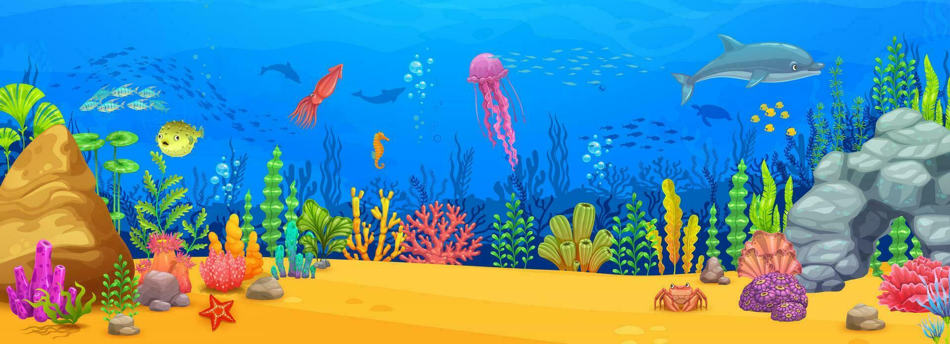 Cartoon underwater landscape, sea ocean game level vector